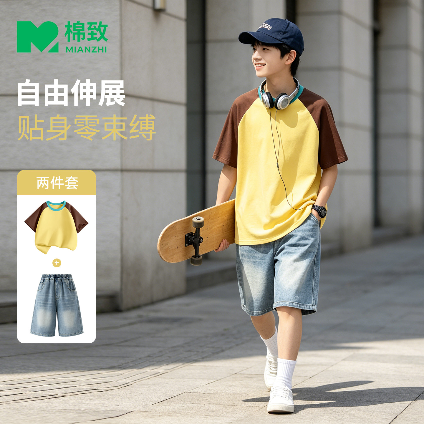 棉致男童夏套装2026新款纯棉短袖两件套宽松大童牛仔短裤儿童夏装