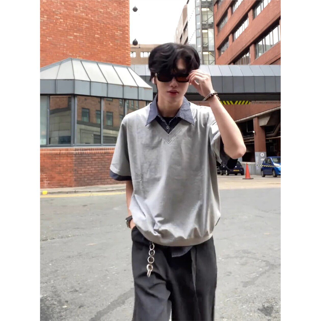 假两件拼接V领polo衫短袖