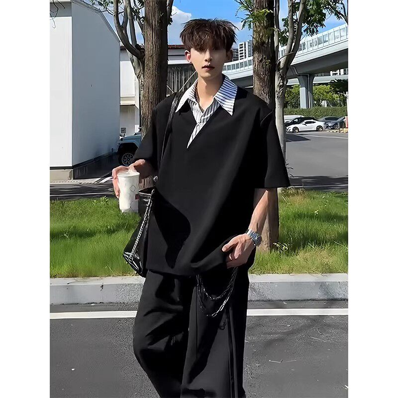 黑色假两件Polo衫短袖男