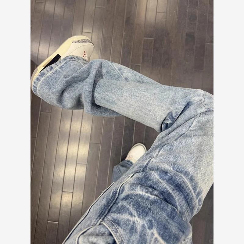 浅蓝色闪电纹牛仔裤男款春季vibe高街微喇裤美式cleanfit弯刀裤子