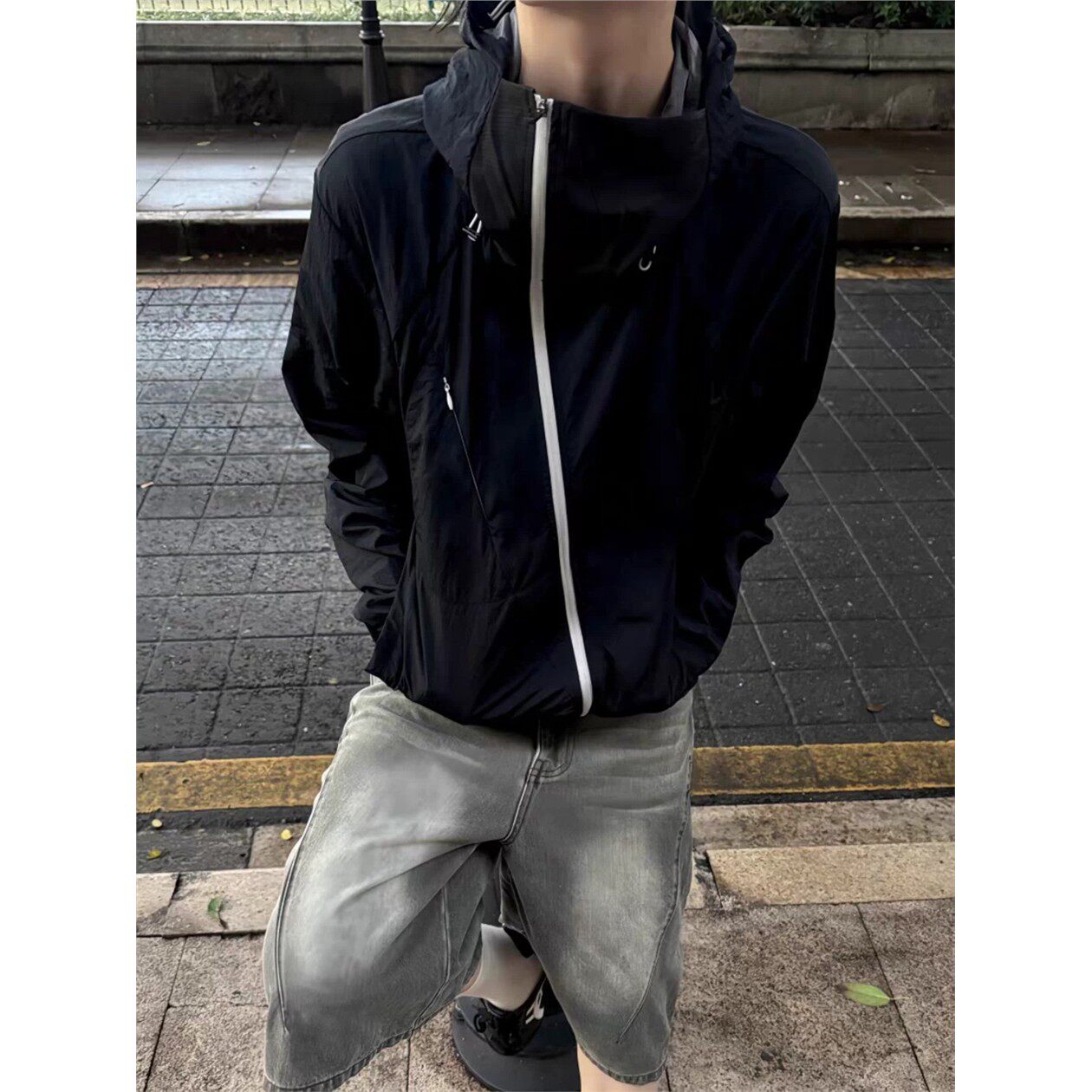 侧角弧拉链拼接防晒衣男