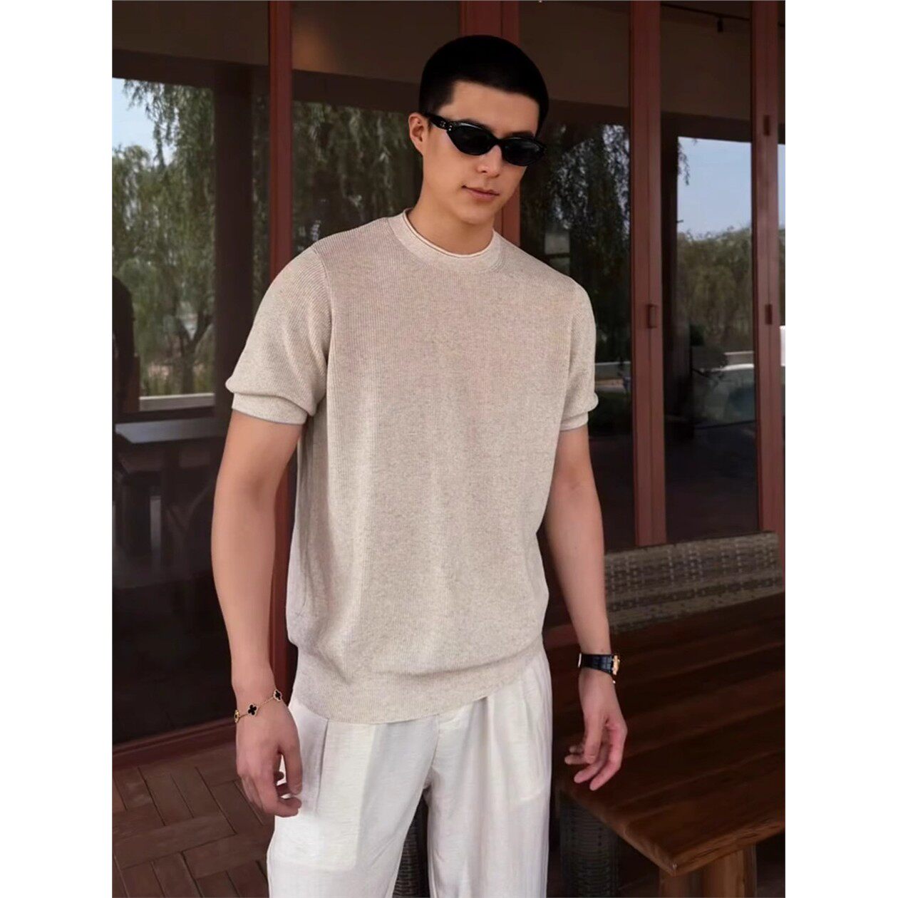老钱风针织亚麻短袖男款夏季慵懒松弛感体恤美式复古棉麻花纱T恤