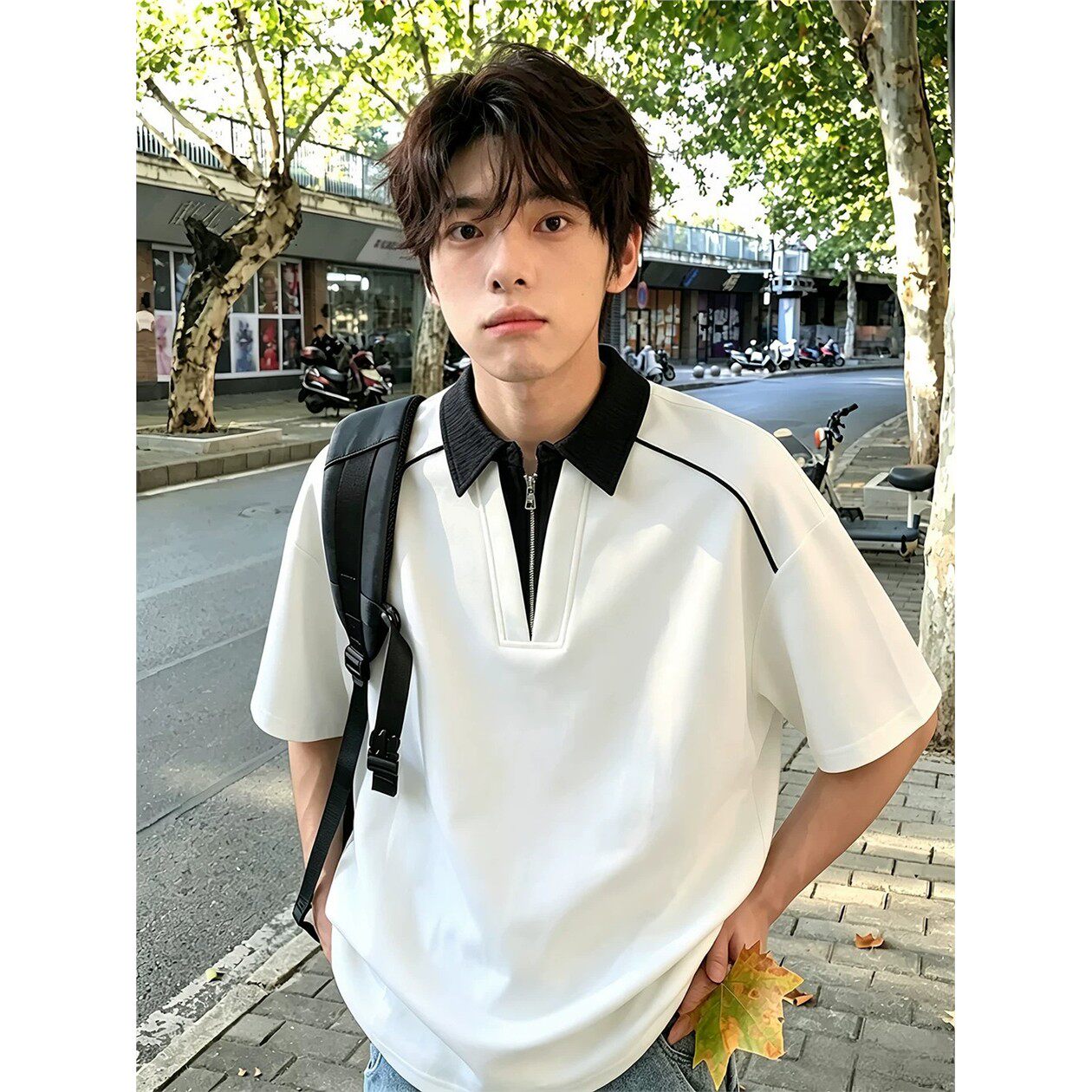 美式假两件polo衫短袖男生夏季穿搭半拉链V领正肩T恤半截袖大码