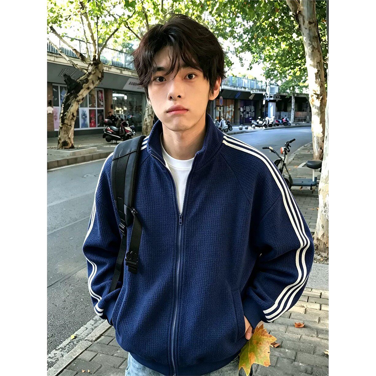 藏青色三条杠运动夹克男款秋季潮牌青少年开衫卫衣学院风情侣外套