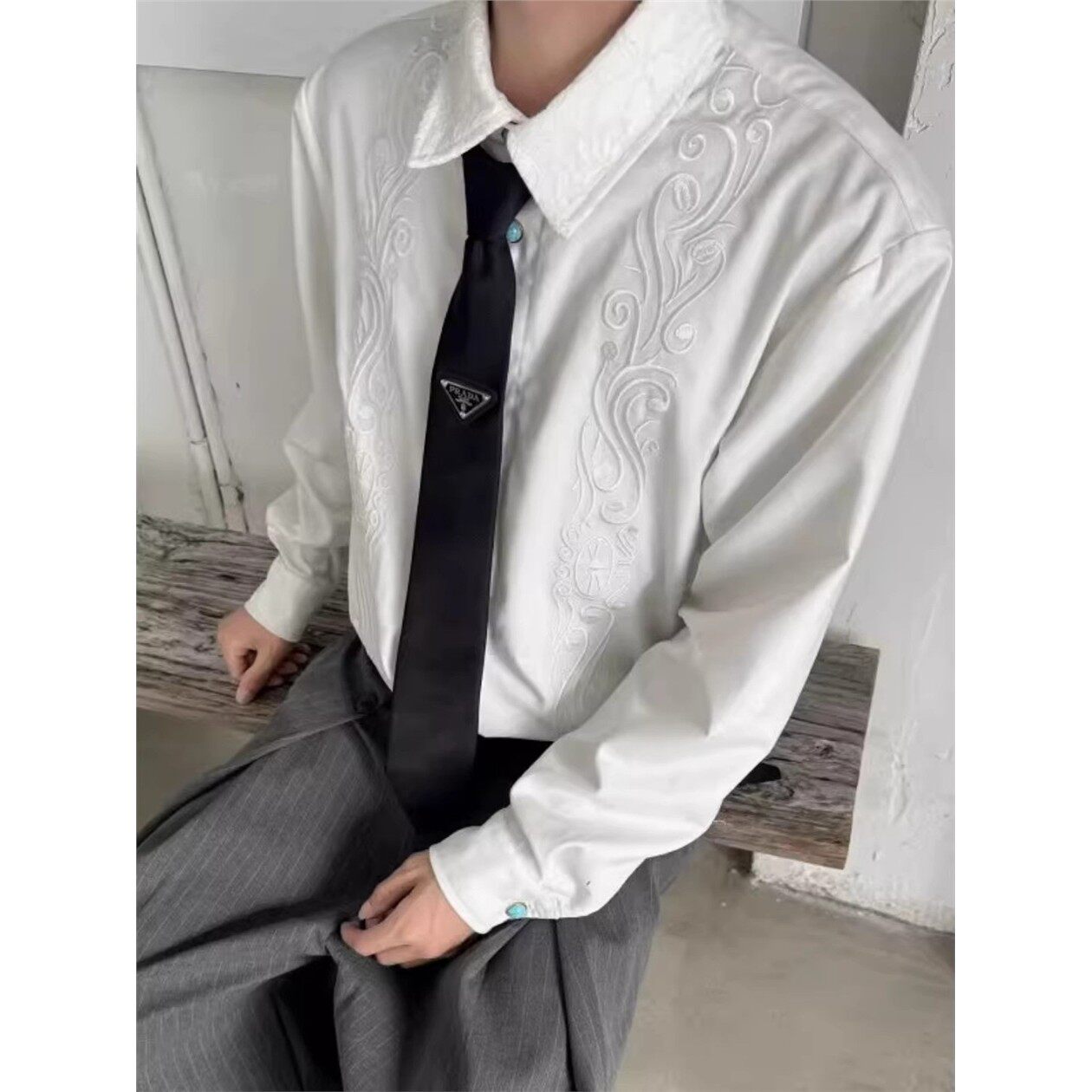 绿松石雕花刺绣衬衫男春夏老钱风人夫感内搭长袖衬衣cleanfit外套