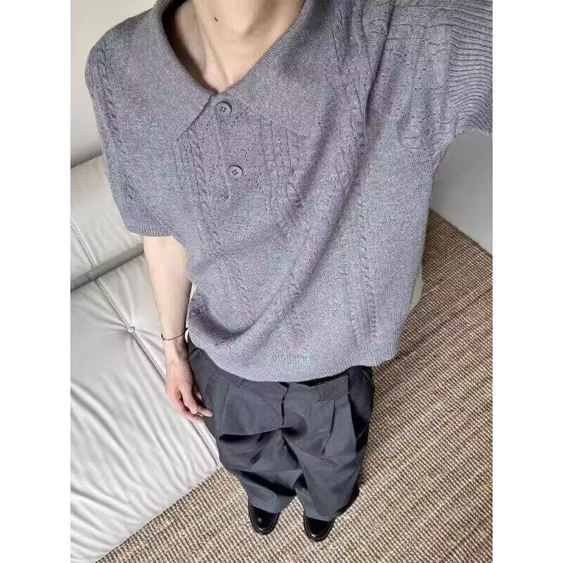 老钱风灰色麦穗纹短袖男夏季潮流针织翻领polo衫痞帅轻熟风五分袖