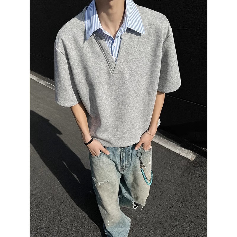 ootd假两件衬衫领短袖男