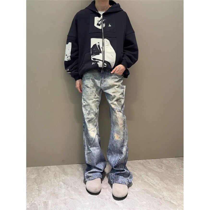 3D数码打印脏染蓝色微喇牛仔裤男款小众潮牌宽松直筒水洗休闲长裤