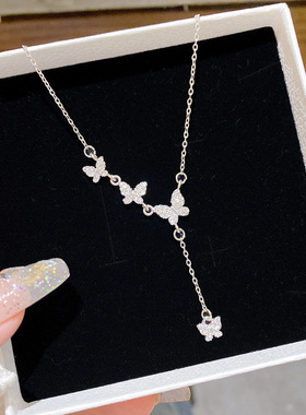 超仙满钻蝴蝶流苏项链女小众设计感毛衣链气质时尚百搭优雅锁骨链