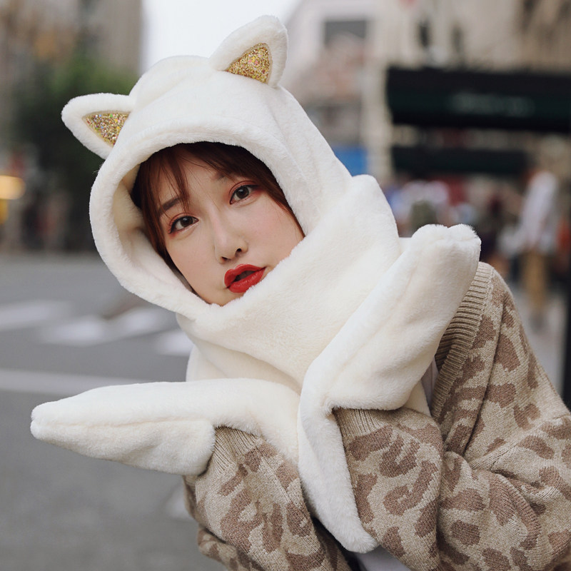 새끼 고양이 귀 원피스 모자 여성용 스카프 및 장갑 가을 겨울 따뜻한 플러시 스카프 다목적 귀 보호 방한