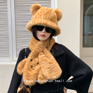 可爱虎斑纹小熊帽子秋冬加厚围巾护脖防寒毛绒围脖百搭时尚渔夫帽