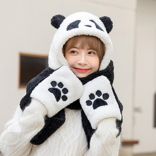 可爱熊猫帽子女冬季围巾一体手套三合一保暖带帽护耳围脖三件套潮