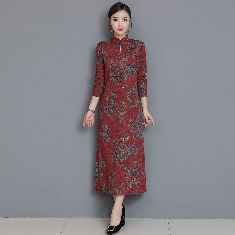 秋装2020年新款女冬季贵夫人香云纱改良版旗袍连衣裙长袖妈妈长裙