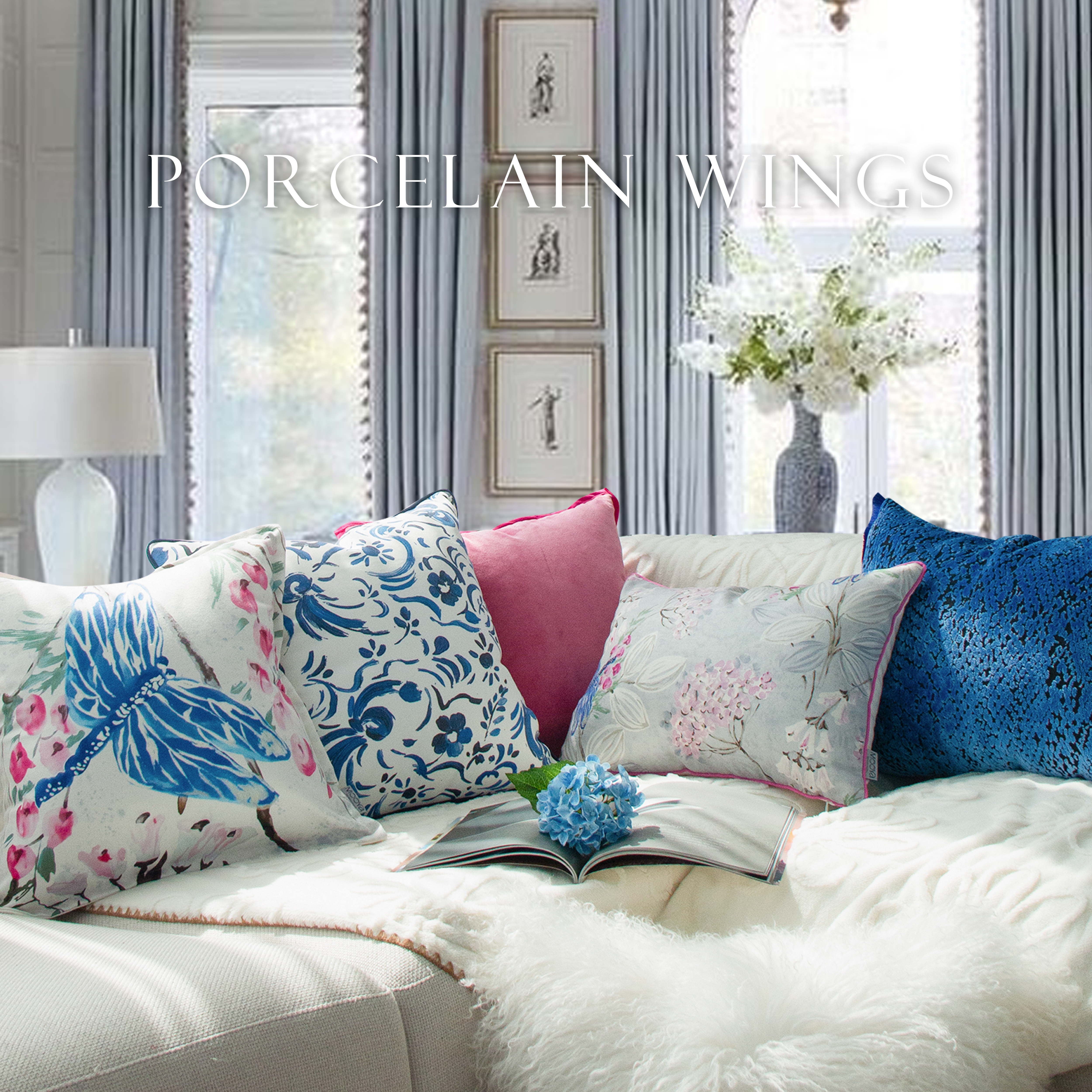 目野「青蓝知蜓」法式蓝色抱枕套