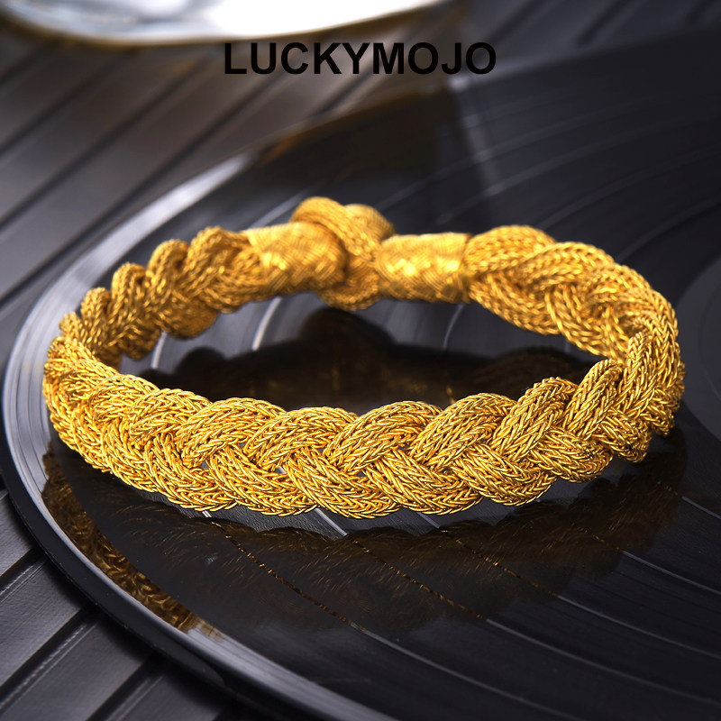 古法黄金手镯男霸气土耳其金手工编织麻花黄金手链999足金女素金