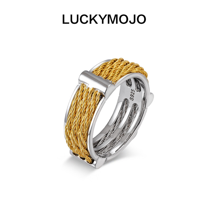 LUCKYMOJO925银戒指 欧美风轻奢指环拉丝重工感麻花纹戒指男生