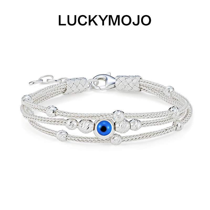 LUCKYMOJO小众复古风足银编织手链叠戴女银色多层设计感节日礼物
