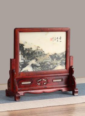 红木屏风酸枝木雕嵌天然大理石插屏台屏明清桌面玄关供桌条案摆件