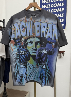 Vale美式潮牌复古自由女神肖像印花水洗做旧男女宽松短袖情侣T恤