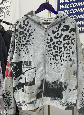 Vale Forever Valley Cheetah豹纹迷彩印花泥印洗水做旧连帽衫男