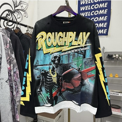 美式高街Rough Play骷髅印花洗水做旧破洞拼接长袖T恤男女休闲款