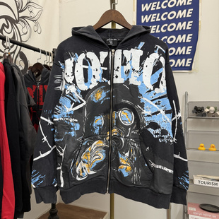 MIXED EMOTION美式高街骷髅恶犬字母印花复古做旧男女连帽卫衣潮