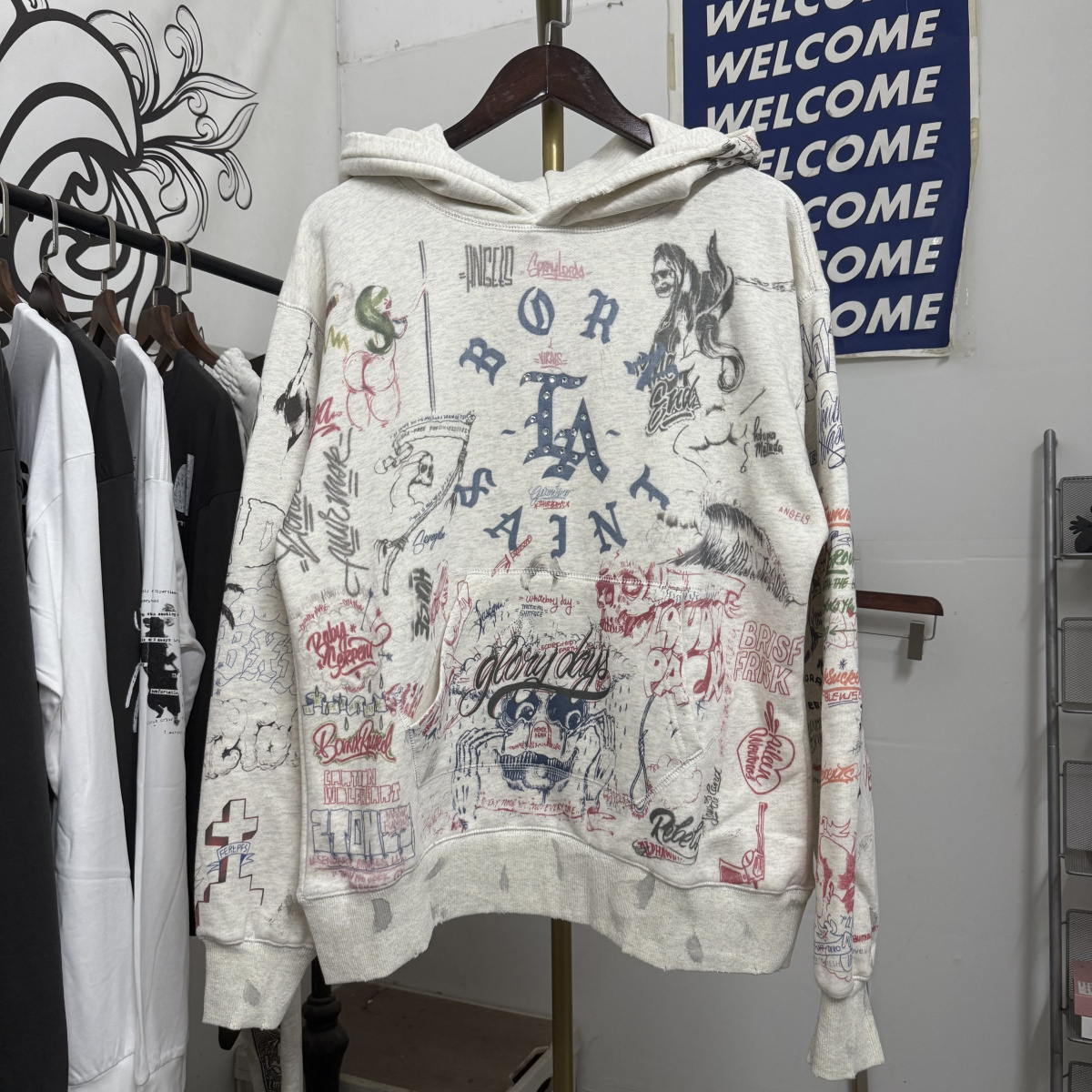 Saint Michael 25ss做旧破坏烫钻涂鸦印花美式高街连帽卫衣帽衫男