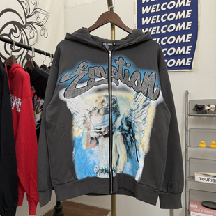 MIXED EMOTION美式高街天使图案字母烫钻休闲宽松开衫拉链卫衣潮