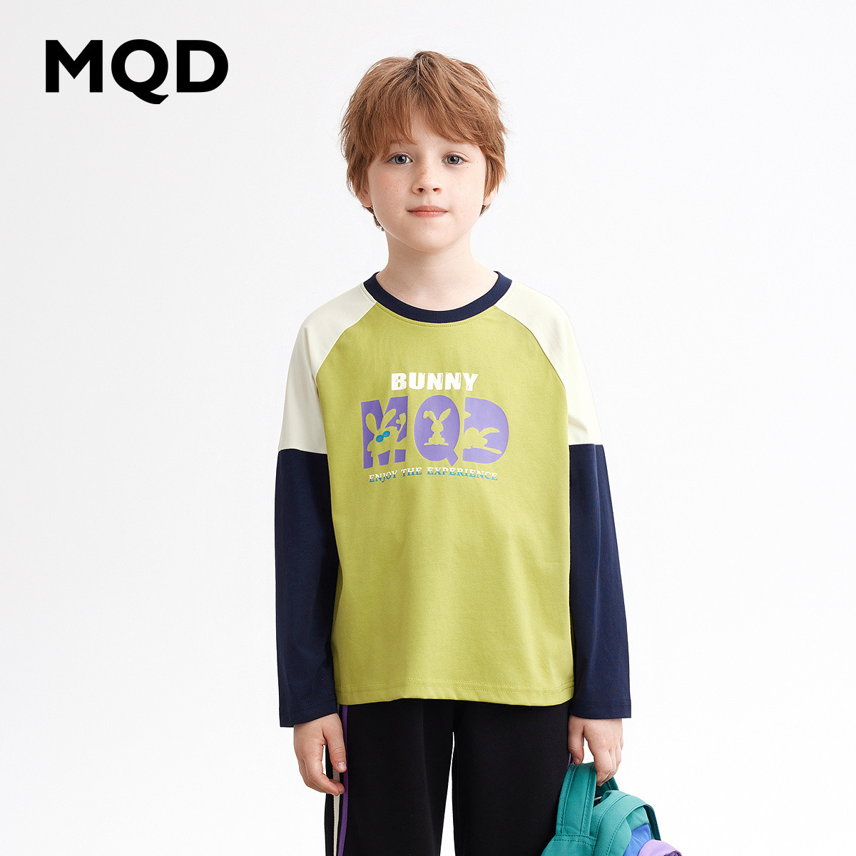MQD童装男大童25春新品潮酷休闲撞色插肩袖卡通假两件圆领T恤图片