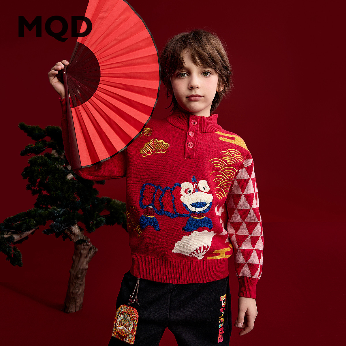 MQD童装男童新年毛衣2025冬装新款儿童针织衫新年红色国风毛衣