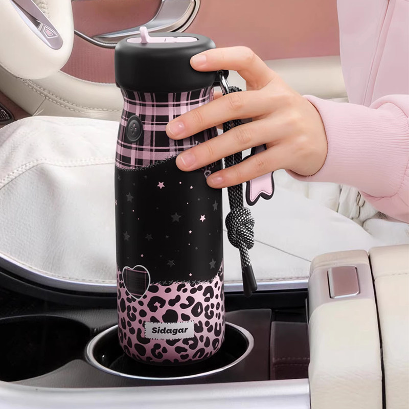 世大家豹纹保温水杯女高颜值带吸管车载便携随行咖啡杯子2026新款