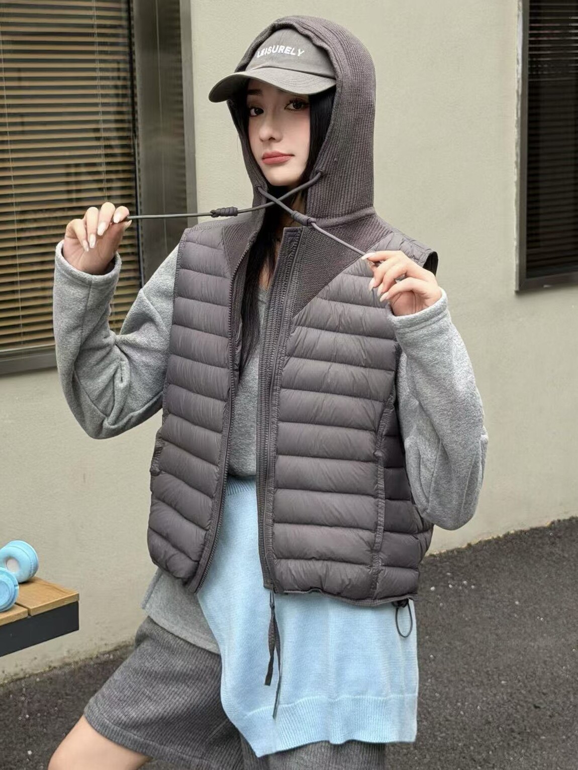 韩系小众设计感连帽羽绒服马甲女宽松休闲百搭纯棉打底衫上衣