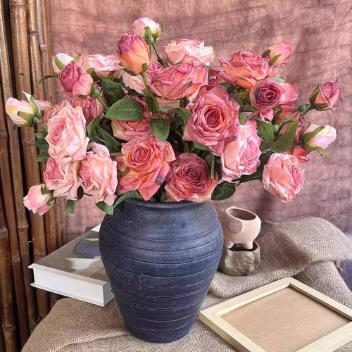 ins法式莫奈复古焦边玫瑰客厅花束假花仿真花橱窗插花墙餐桌摆件