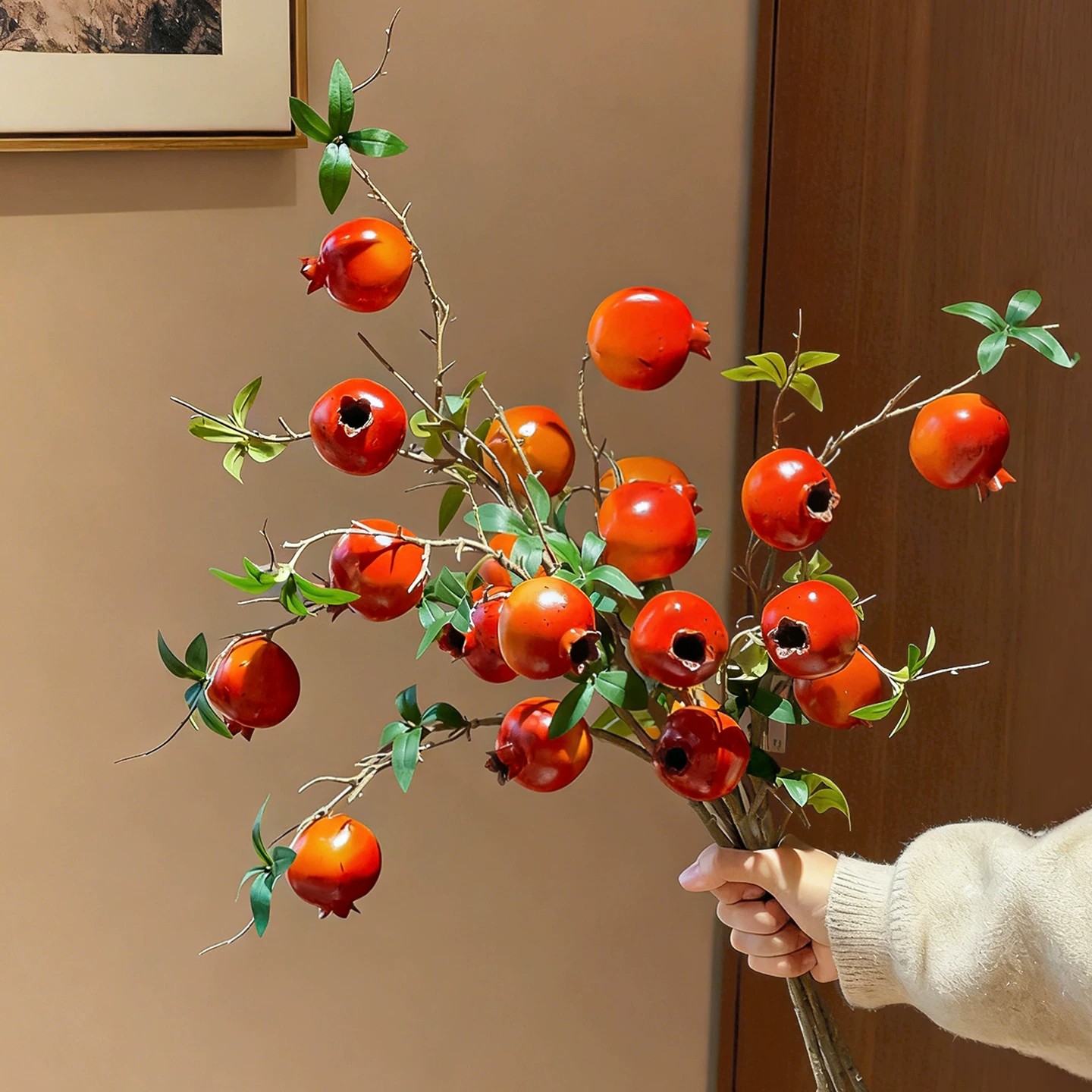 中式茶室仿真石榴浆果树枝假花摆件餐桌插花喜庆家居花艺装饰品