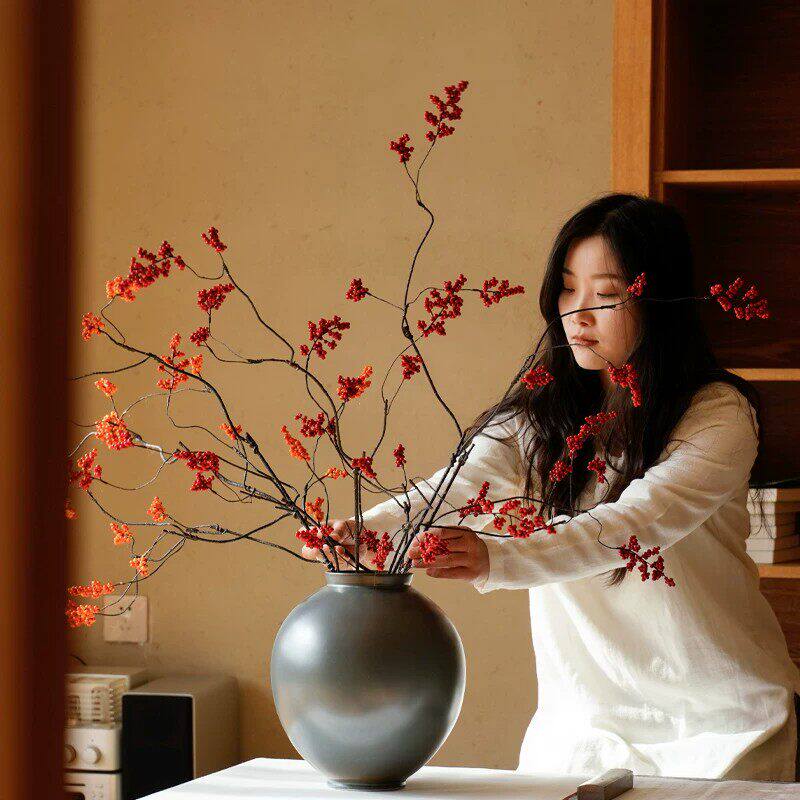 串串金果带秋叶仿真长枝假花中式茶室落地插花家居氛围感摆件