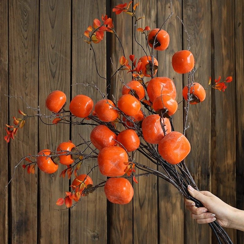 仿真柿子模型带霜大红假柿子果实树枝挂串插花束摆设花艺柿柿如意
