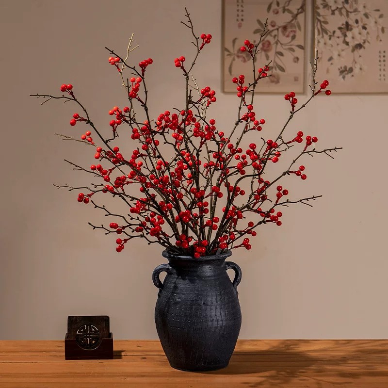 高档仿真发财果冬青红浆果花束玄关电视柜摆设新年家居装饰假花