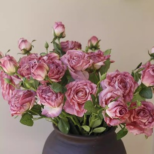 饰客厅摆件家居 复古三头焦边月季 仿干花仿真花玫瑰假花美式 欧式 装