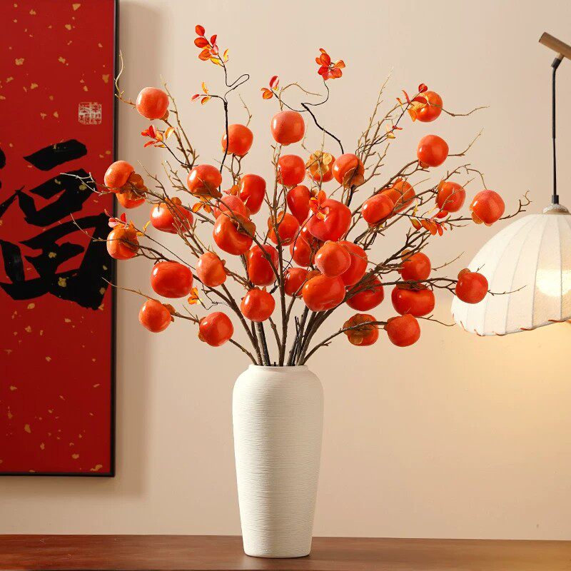 仿真柿子树枝假花束柿柿如意轻奢餐桌插花家居花艺装饰摆设