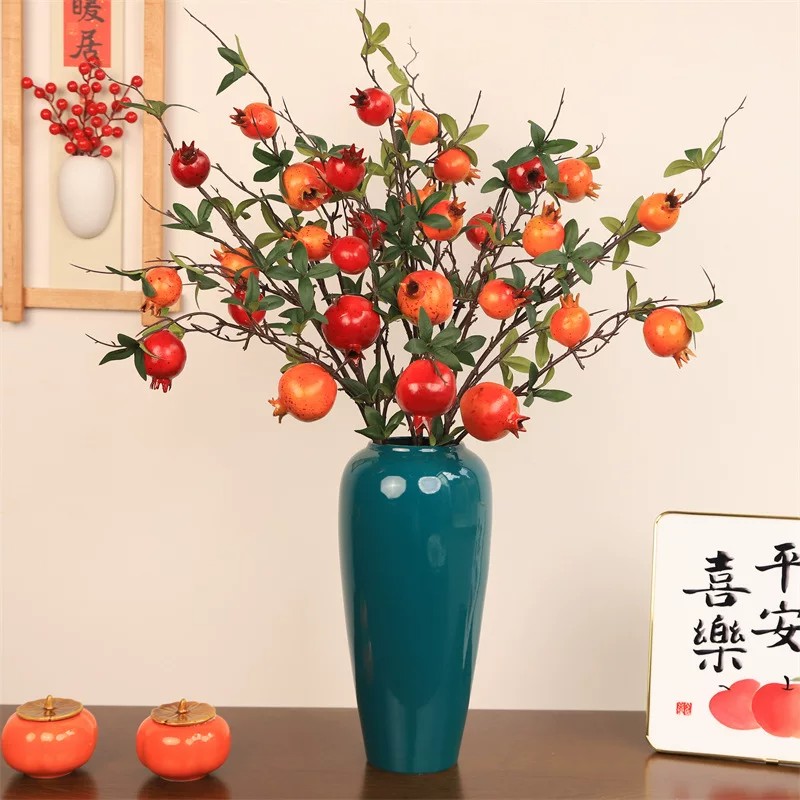 仿真石榴浆果假花枝中式客厅玄关摆设餐桌插花高档装饰花艺摆件