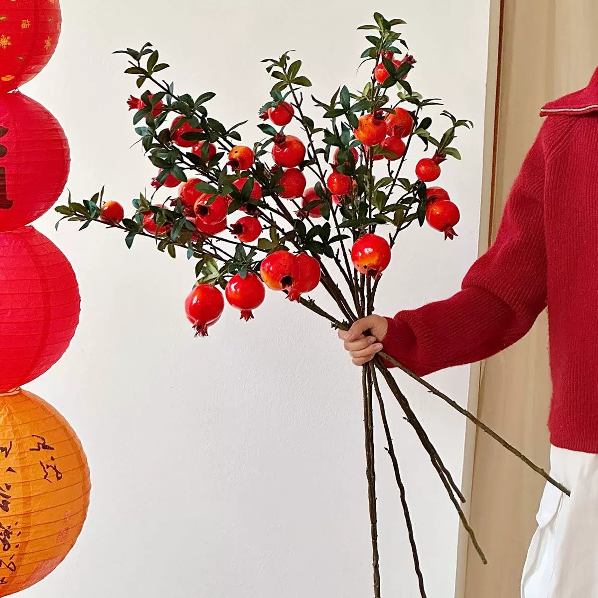 仿真石榴果干枝花束红浆果假花落地花瓶插花客厅玄关装饰摆件
