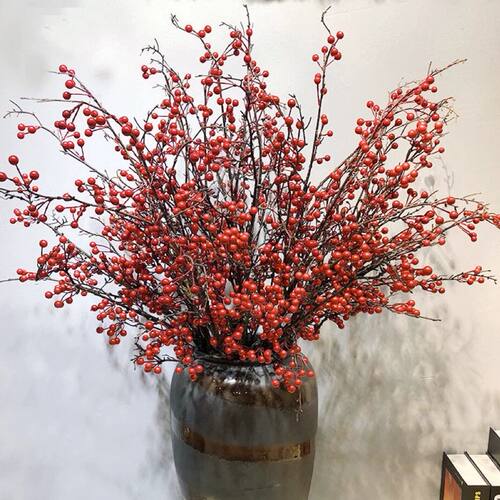 新年喜庆红果冬青仿真浆果假花束客厅桌面摆件婚庆场景装饰花艺