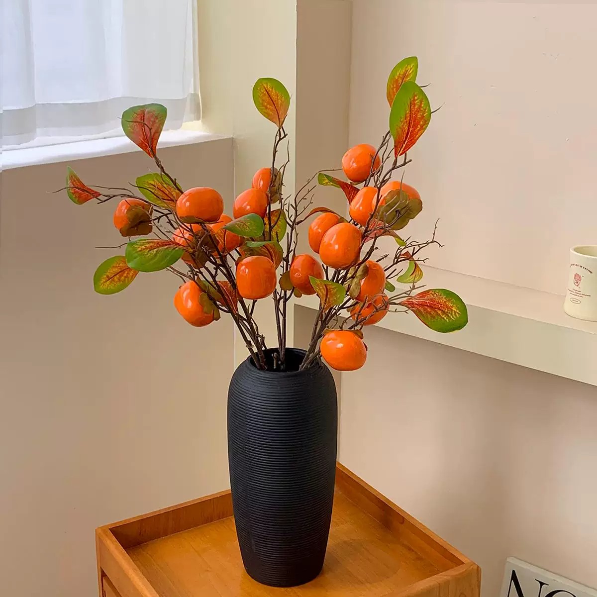 高档仿真柿子果枝假花柿柿如意玄关插花摆件乔迁喜庆干花装饰