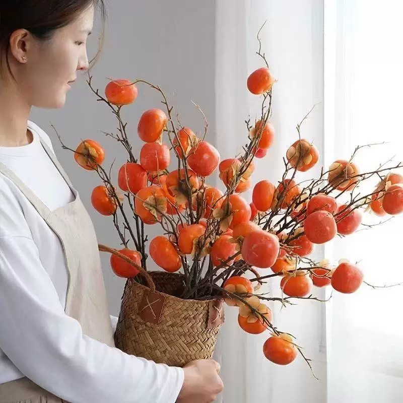 仿真柿子树枝假花摆设柿柿如意新中式餐桌花艺插花装饰摆件