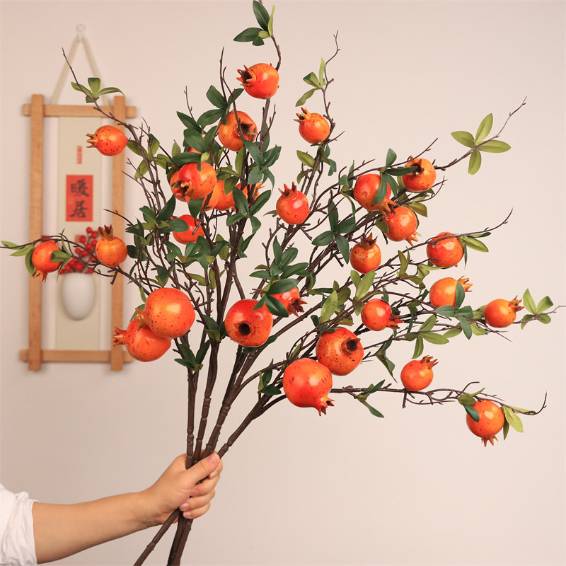 石榴花仿真花假花摆设红果发财果柿子果树枝干新年装饰年宵花摆件