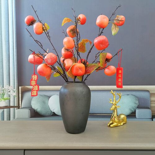 轻奢柿柿如意仿真柿子树枝假花束客厅餐桌花艺装饰插花摆设