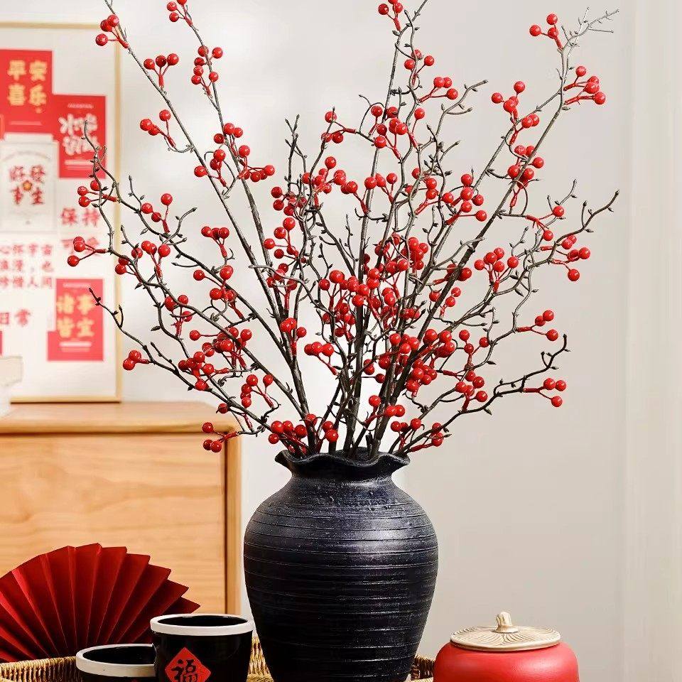 仿真发财果假花摆设红色浆果红果冬青果红果子幸运果客厅假花摆件