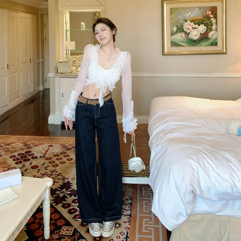 轻透美学辣妹荷叶边雪纺小衫短款上衣女2025新款显瘦牛仔裤子套装