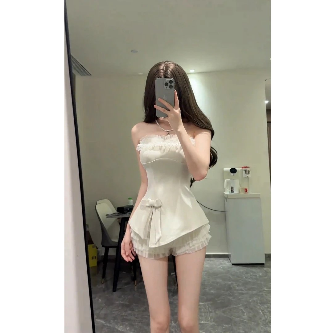 韩系气质女神2025早秋新款纯欲蝴蝶结显瘦抹胸上衣配网纱裙裤套装