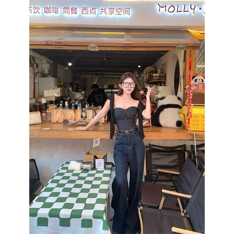 牛仔抹胸上衣女配高腰显瘦牛仔裤